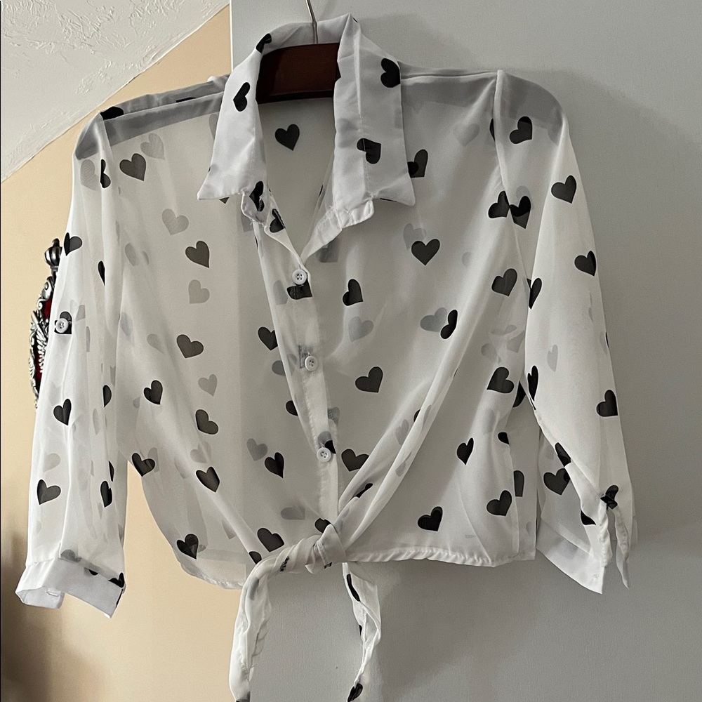Sheer Heart Print Tie-Front Blouse